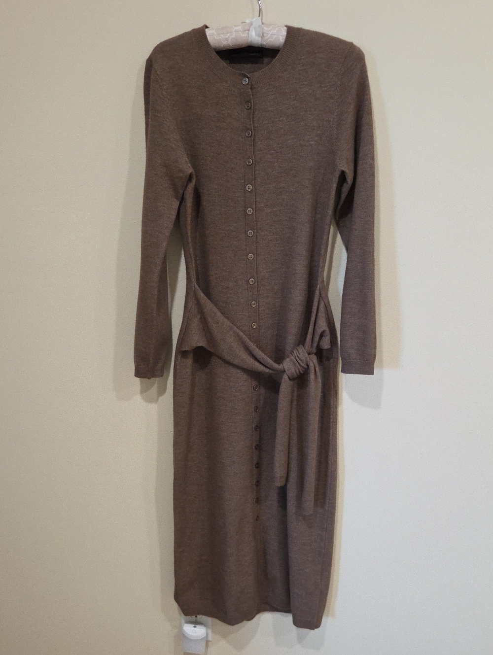 Zara Long-Sleeve Brown Button-Front Knit Dress with Tie